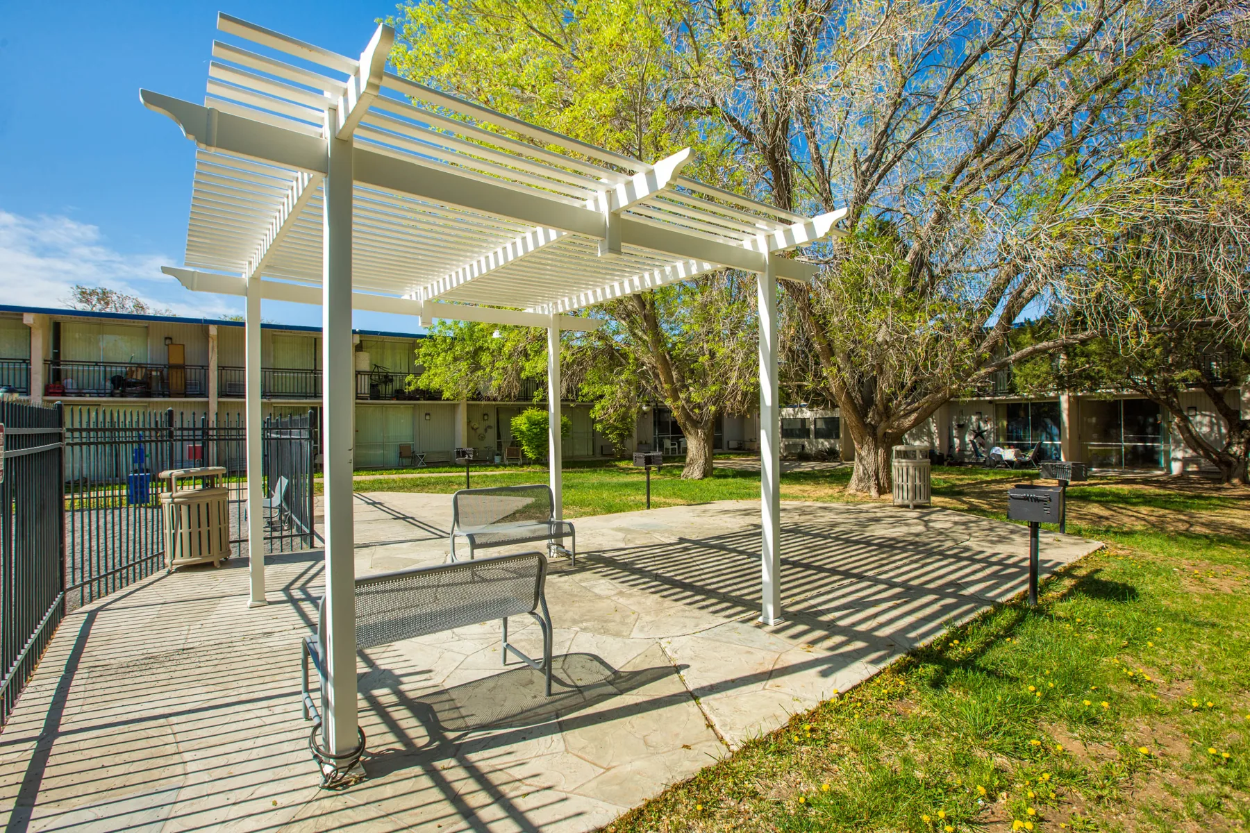 Pergola and patio under mature trees on the landscaped grounds at ABQ Encore Apartments
